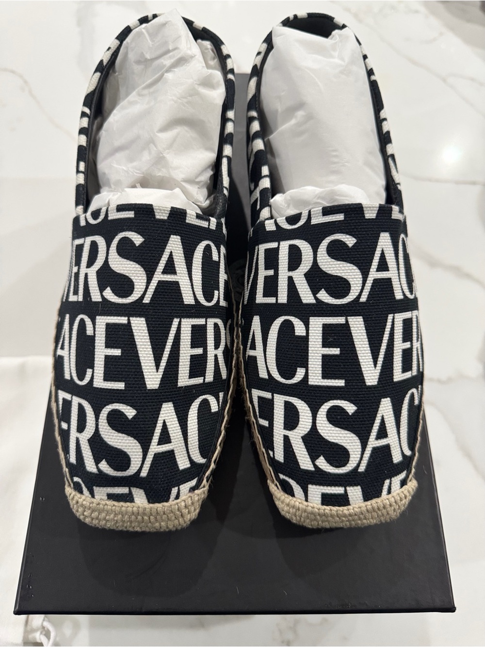 Versace Black and White Logo Espadrille Flats